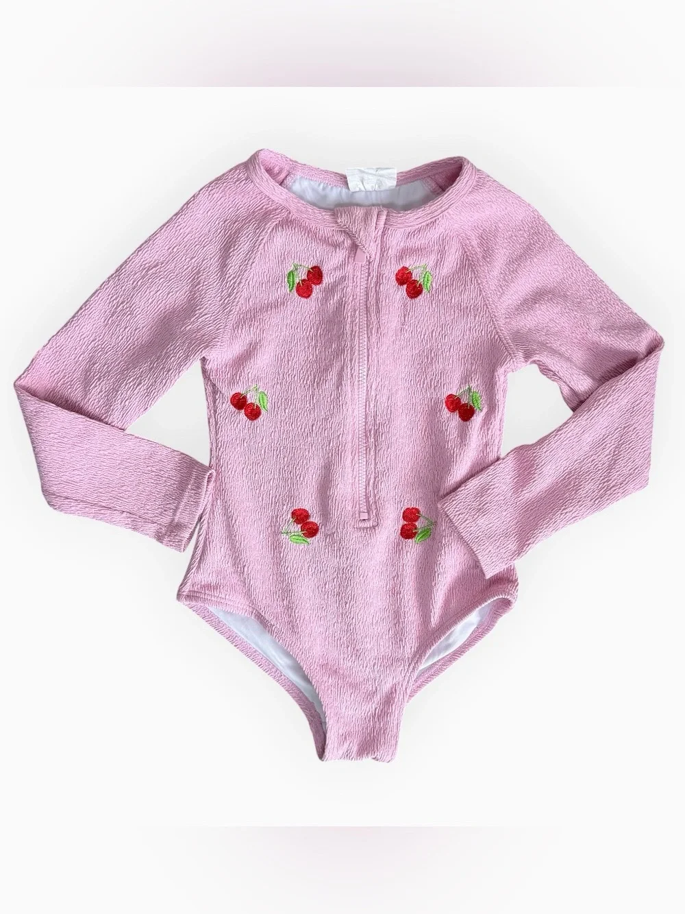 Cotton On Kids Pink Cherry Embroidered Long Sleeve Rash Guard One Piece Swimsuit